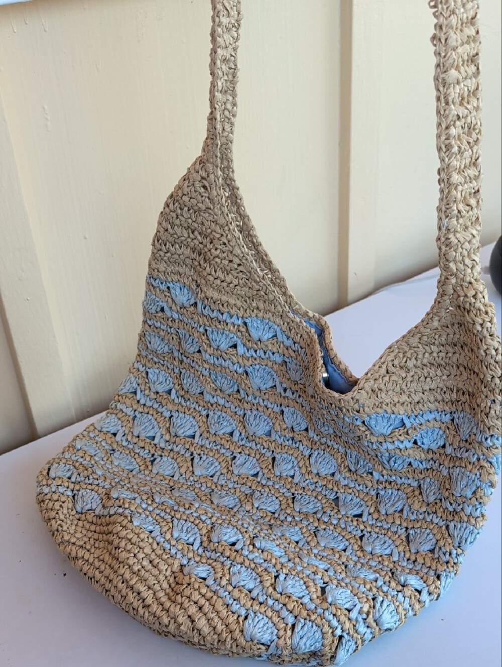 Woven Shoulder Bucket Bag in Natural and Light Blue - Picture 3 of 7